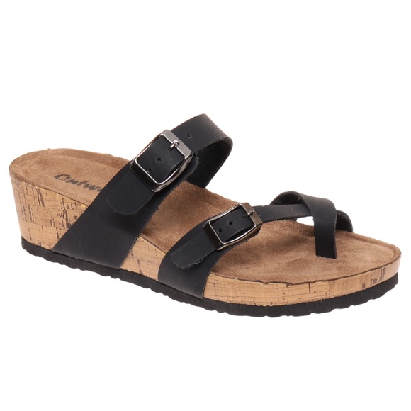 Outwoods Shoes - Cross Strap Black Footbed Wedge Sandals